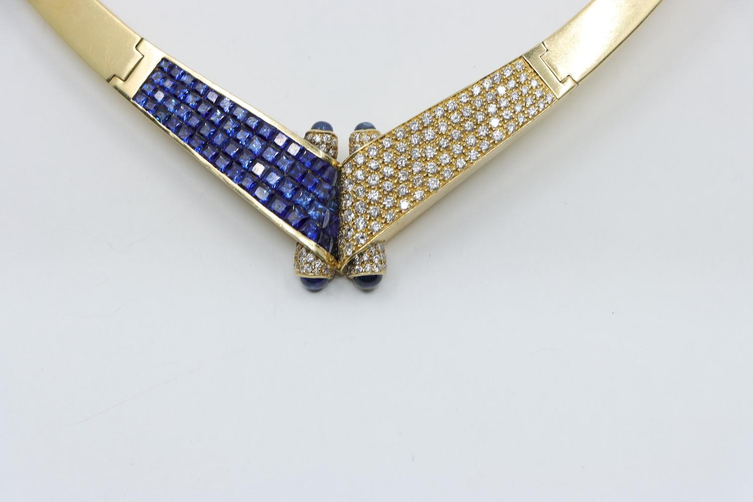 Vintage 18K Gold Sapphire Diamond Torque Necklace In Good Condition For Sale In Flushing, NY