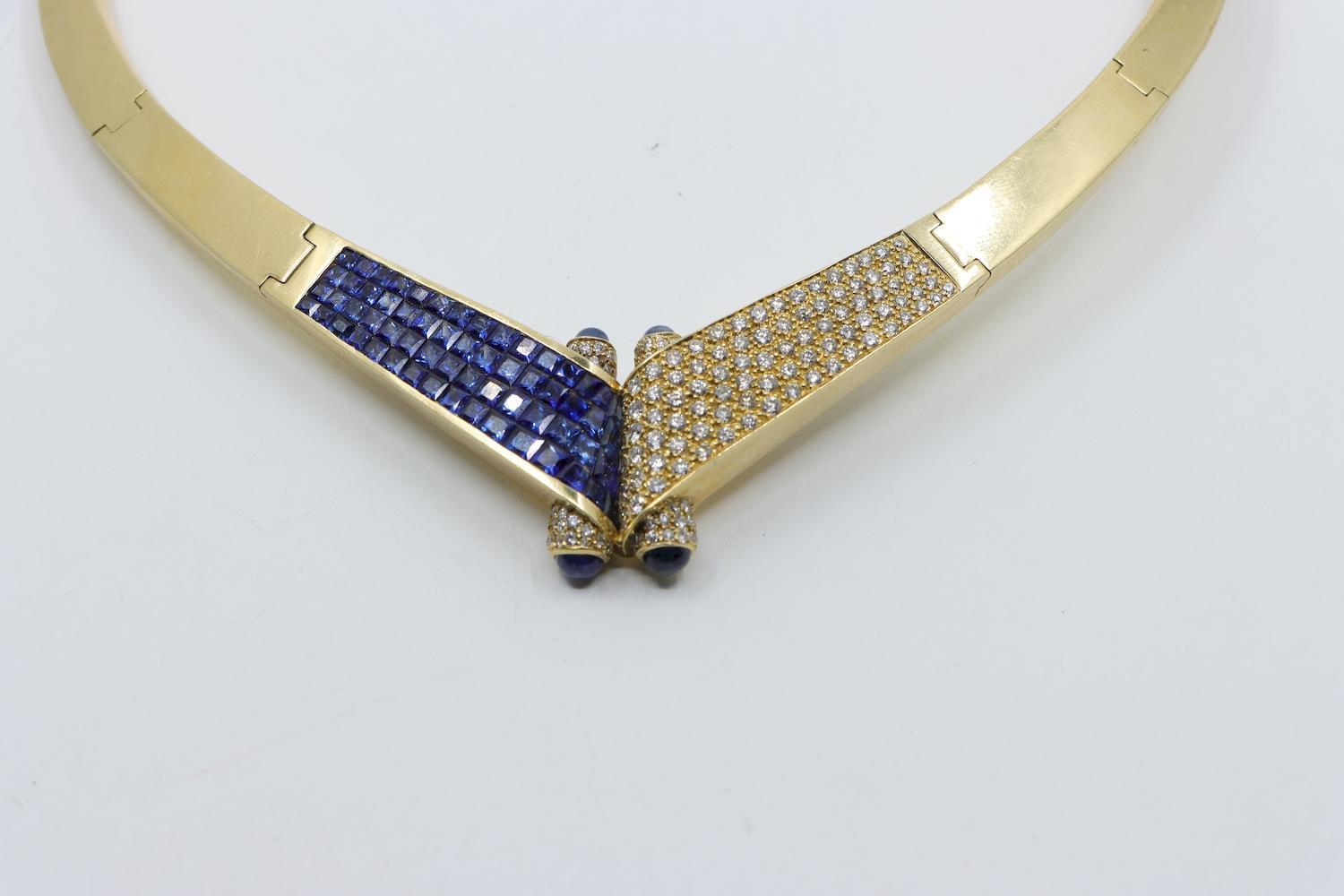 Women's or Men's Vintage 18K Gold Sapphire Diamond Torque Necklace For Sale