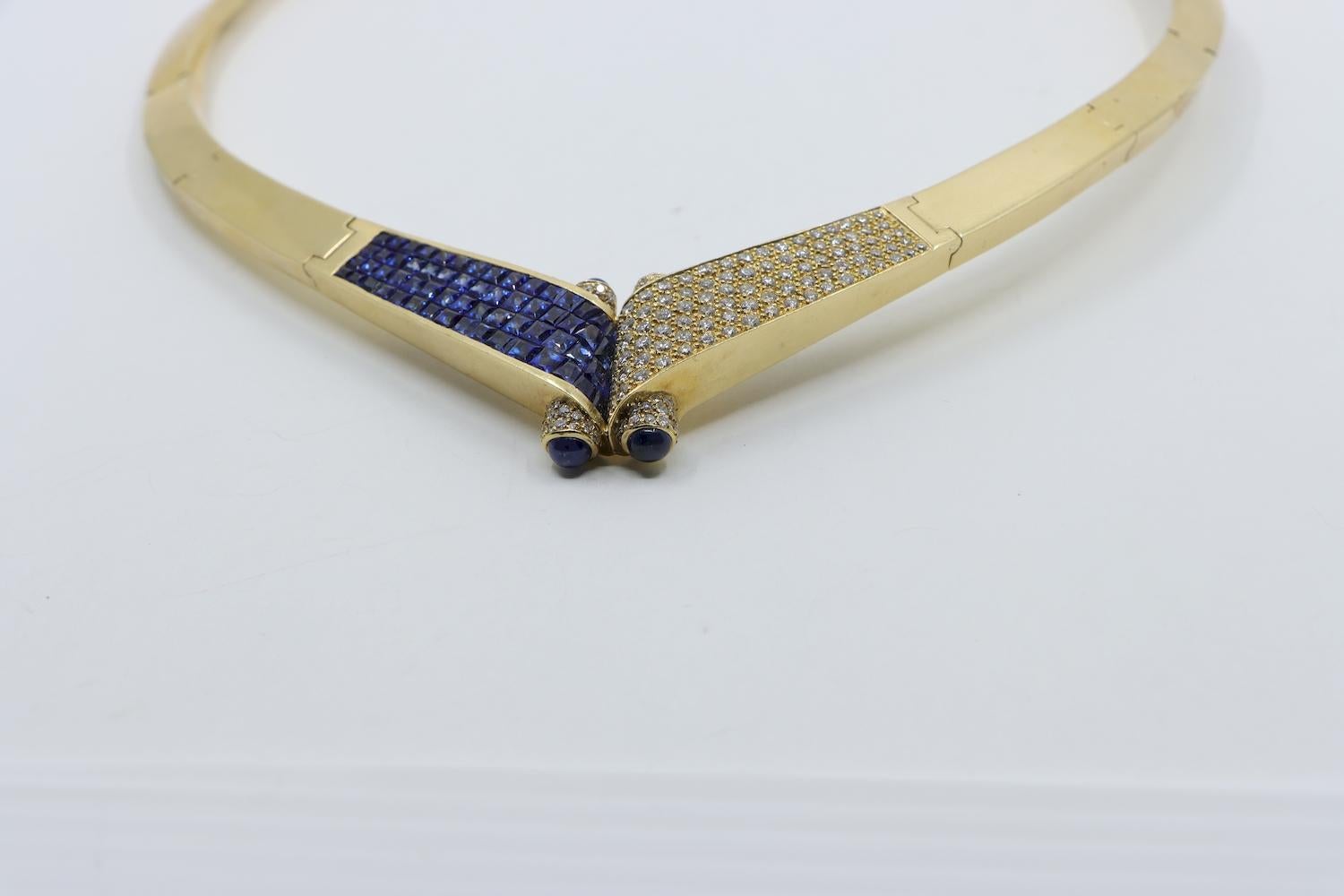 Vintage 18K Gold Sapphire Diamond Torque Necklace For Sale 1