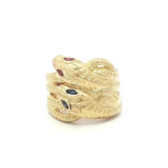Vintage 18k Gold Sapphire & Ruby Eyes Detailed Dual Double Snake Wide Band Ring