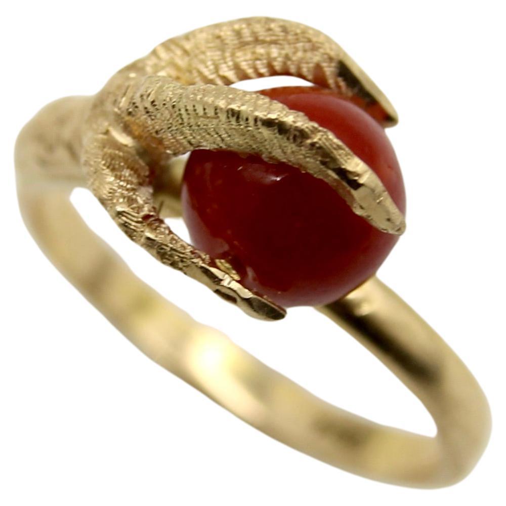Vintage 18K Gold Sardinian Red Coral Bead and Claw Ring