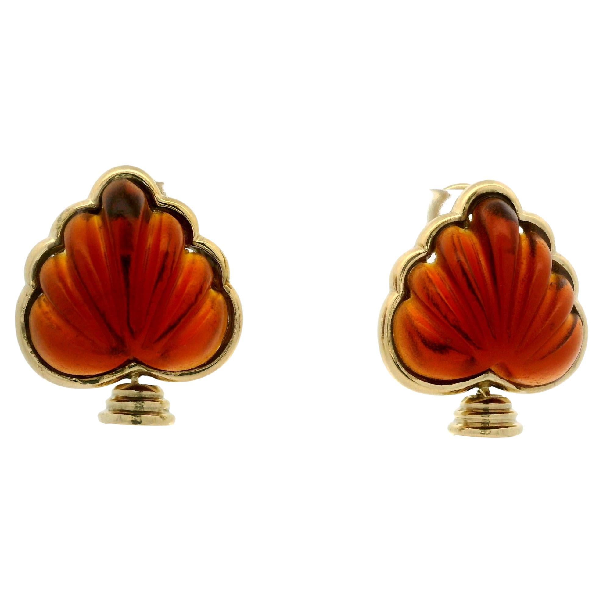 Vintage 18k Gold Scallop Carved Orange Stone & Pearl Dangle Drop Omega Earrings