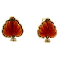 Vintage 18k Gold Scallop Carved Orange Stone & Pearl Dangle Drop Omega Earrings