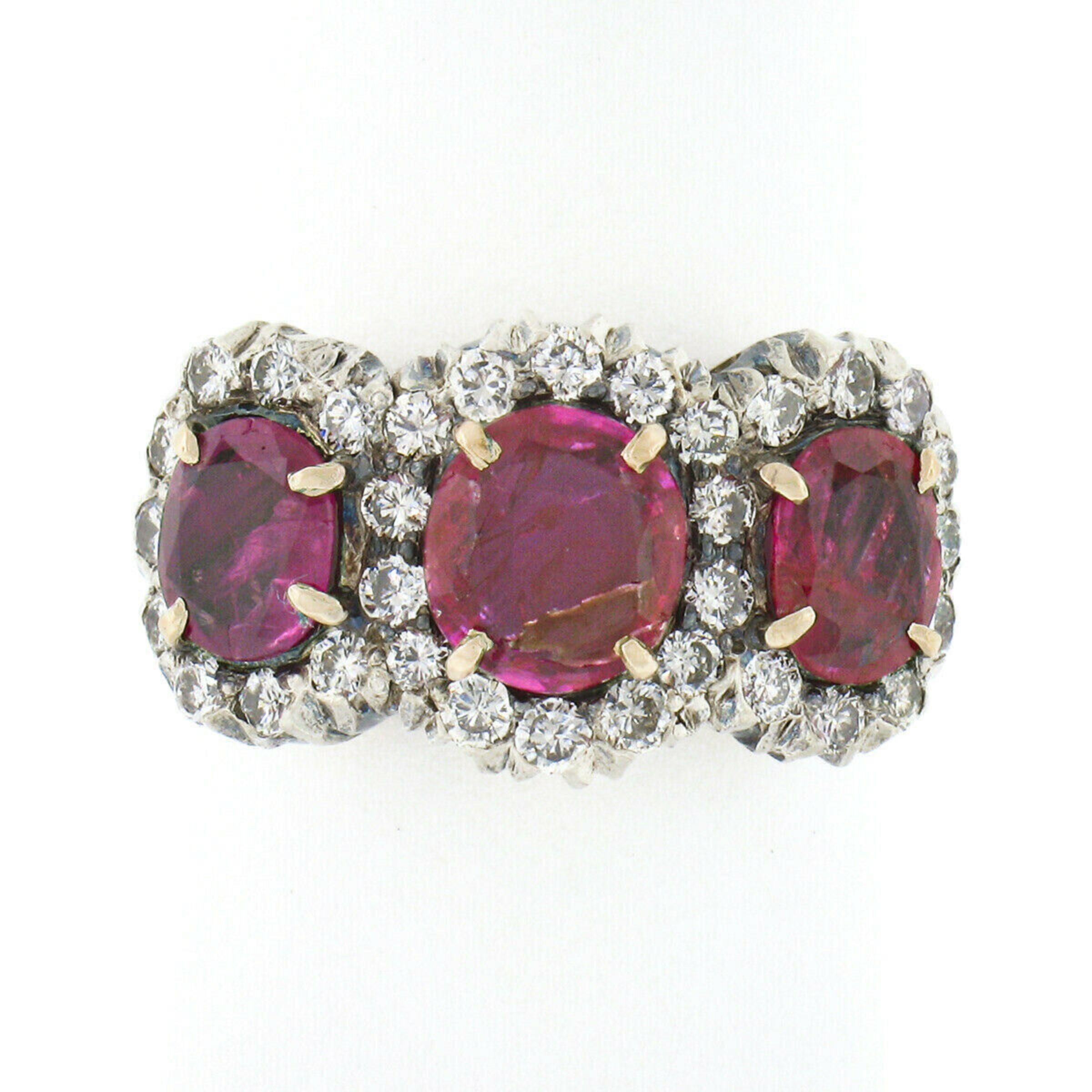 Vintage 18k Gold Silver 2.9ctw GIA Burma No Heat Ruby Oval 3 Stone Diamond Ring In Good Condition In Montclair, NJ