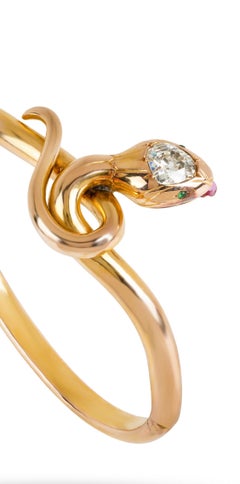 Vintage 18K Gold Snake Bracelet with Diamond, Ruby and Emeralds
