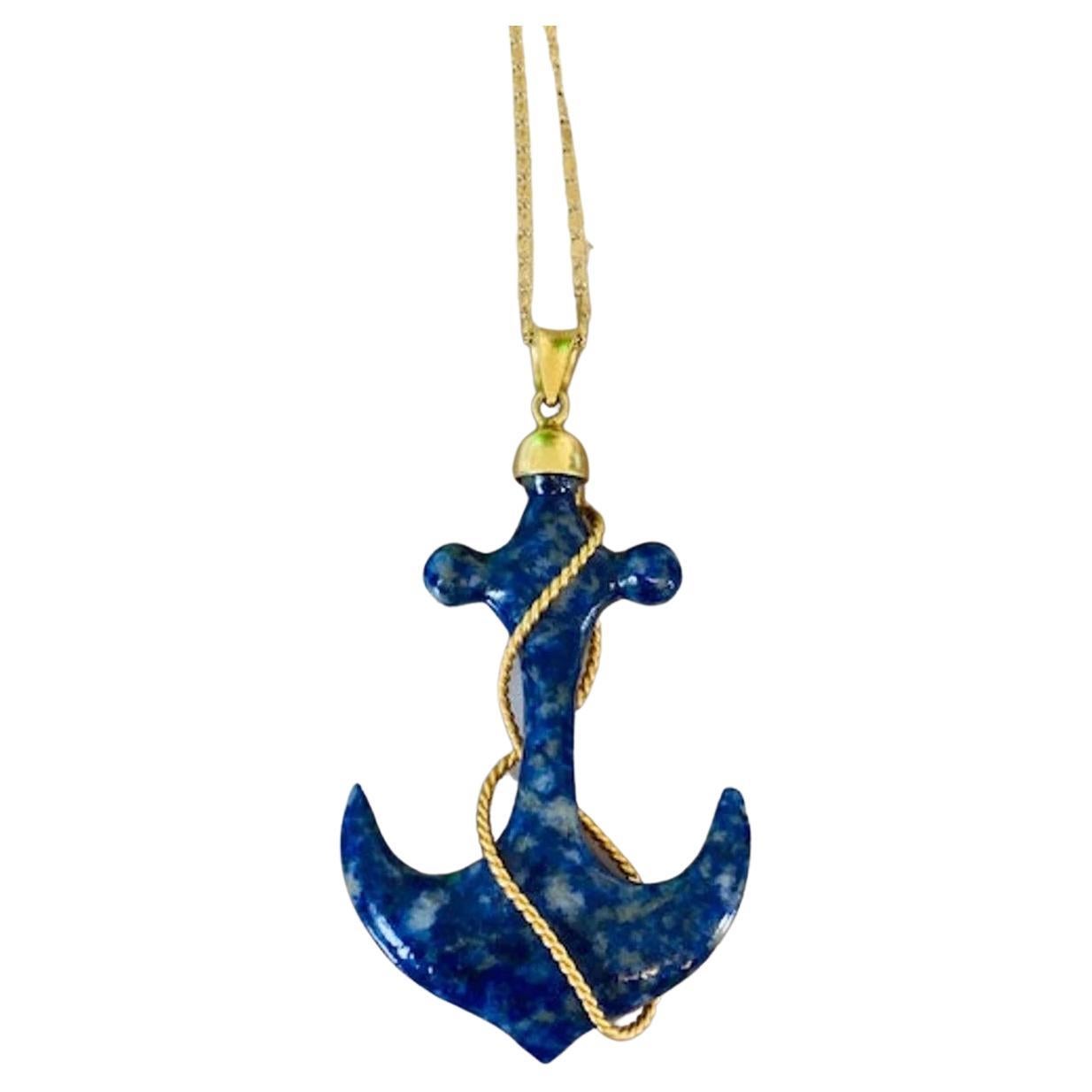 Vintage 18k Gold Sodalite Anchor Pendant Limited Edition For Sale