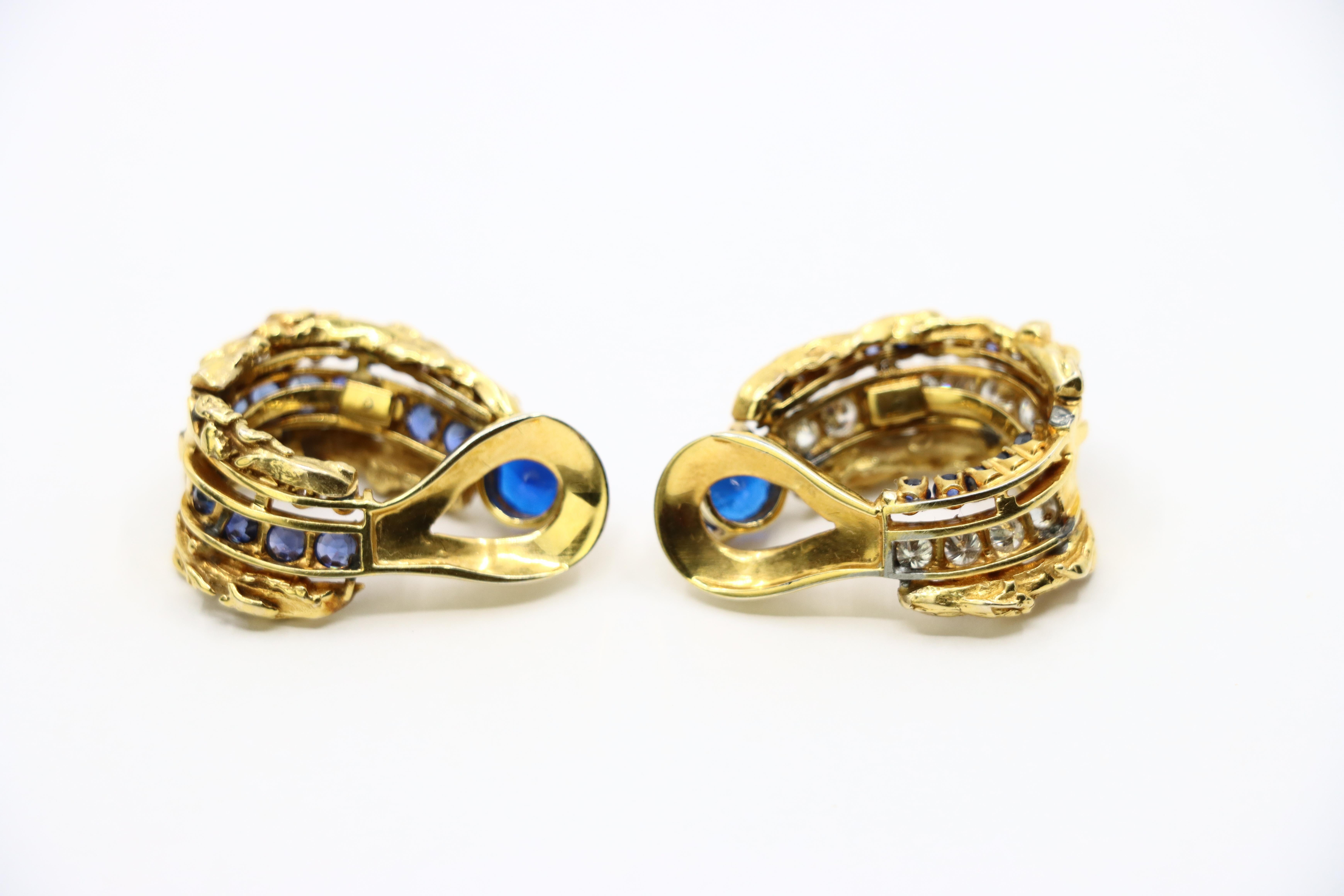 Vintage 18k Gold Spinel Sapphire Diamond Inside Out Hoop Earrings For Sale 5