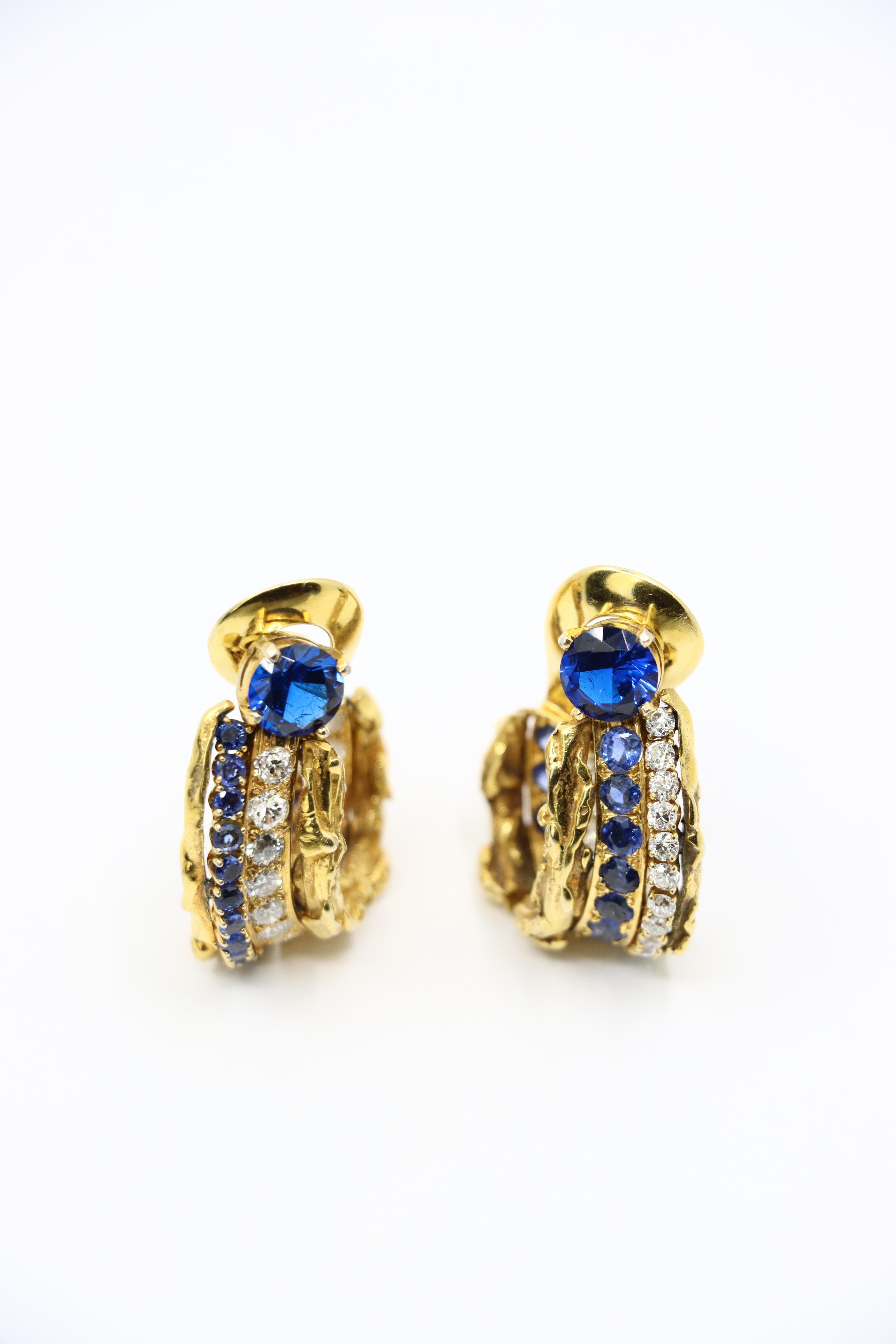 Round Cut Vintage 18k Gold Spinel Sapphire Diamond Inside Out Hoop Earrings For Sale