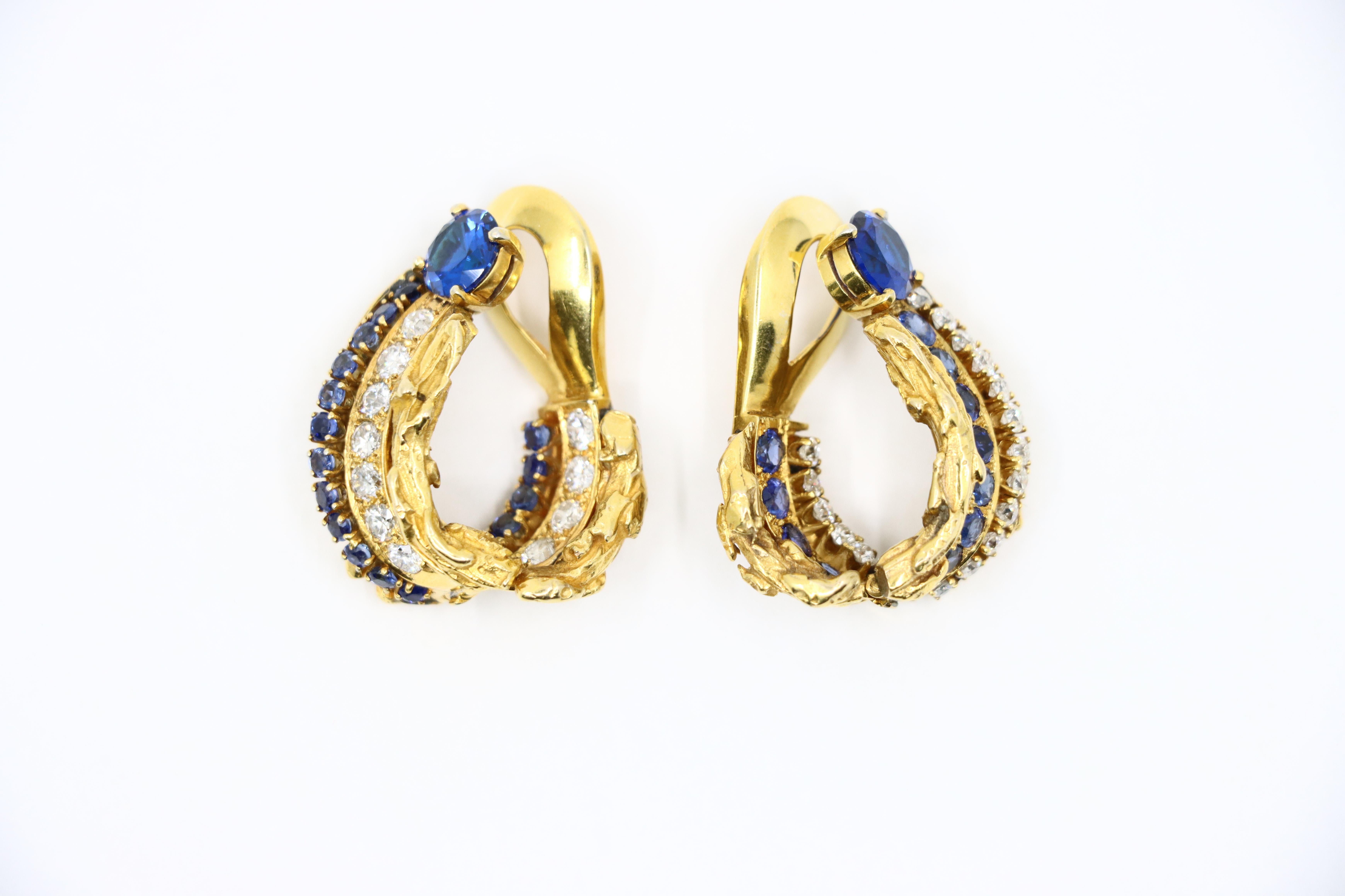 Women's Vintage 18k Gold Spinel Sapphire Diamond Inside Out Hoop Earrings For Sale