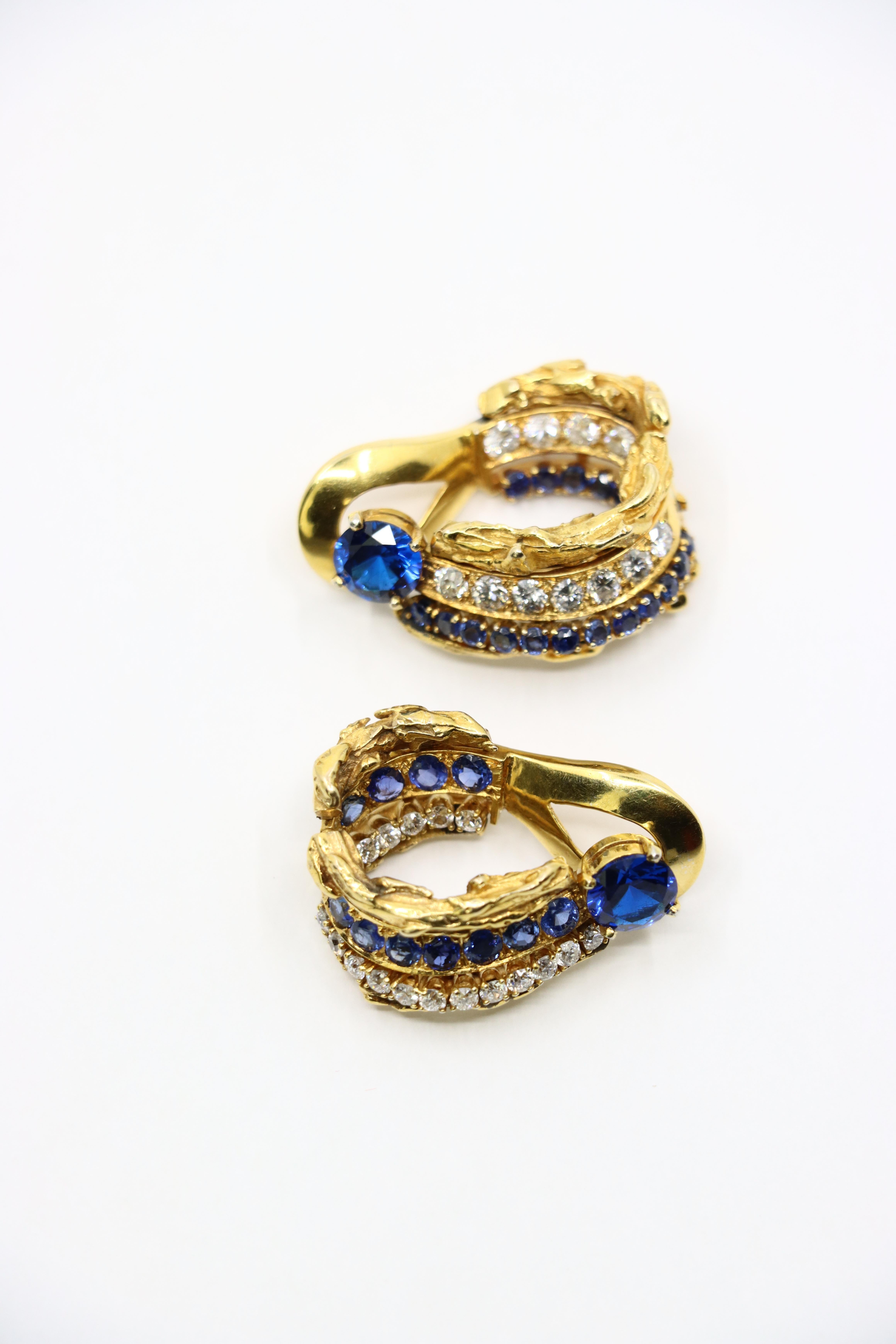 Vintage 18k Gold Spinel Sapphire Diamond Inside Out Hoop Earrings For Sale 1