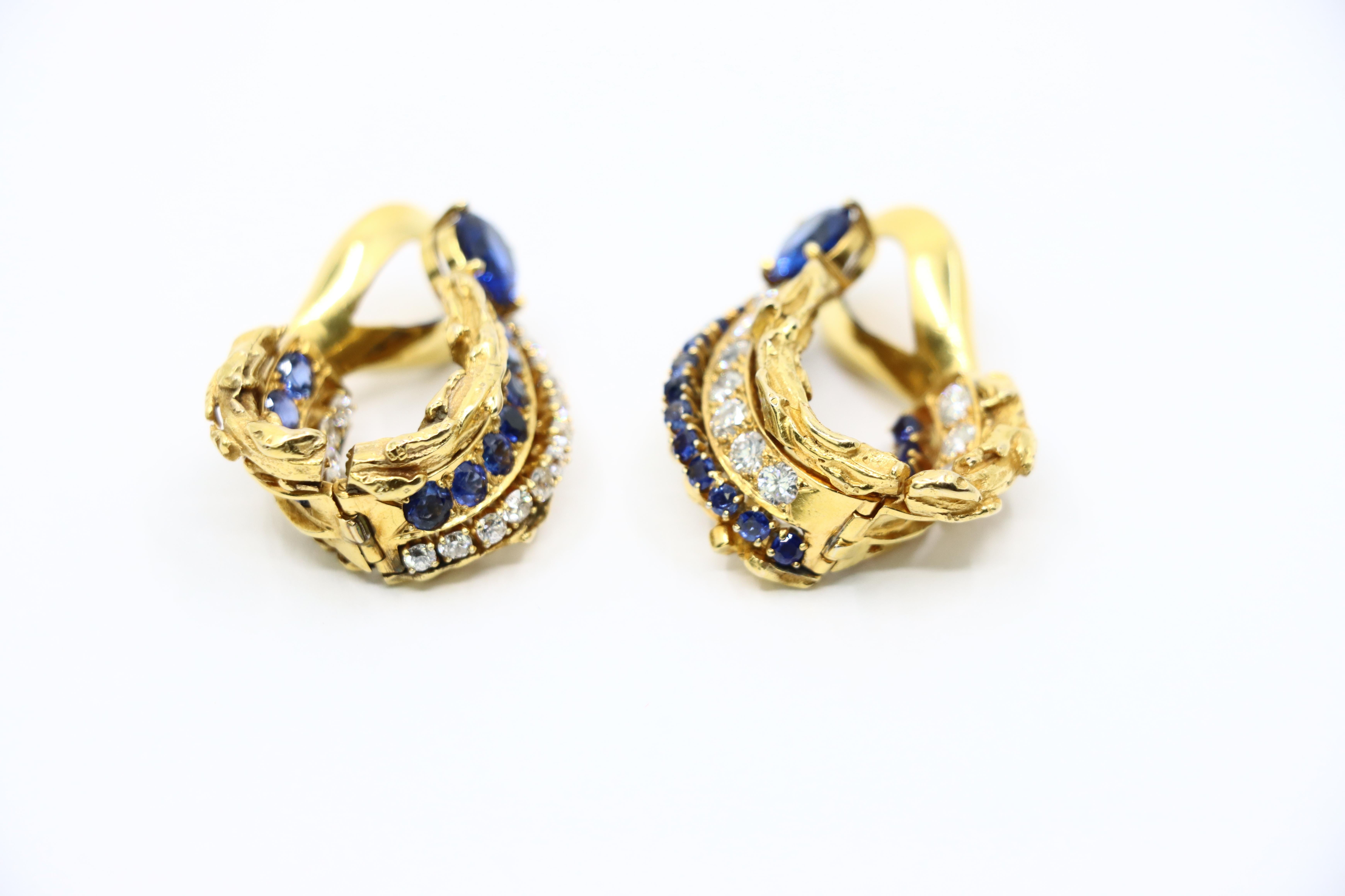 Vintage 18k Gold Spinel Sapphire Diamond Inside Out Hoop Earrings For Sale 2