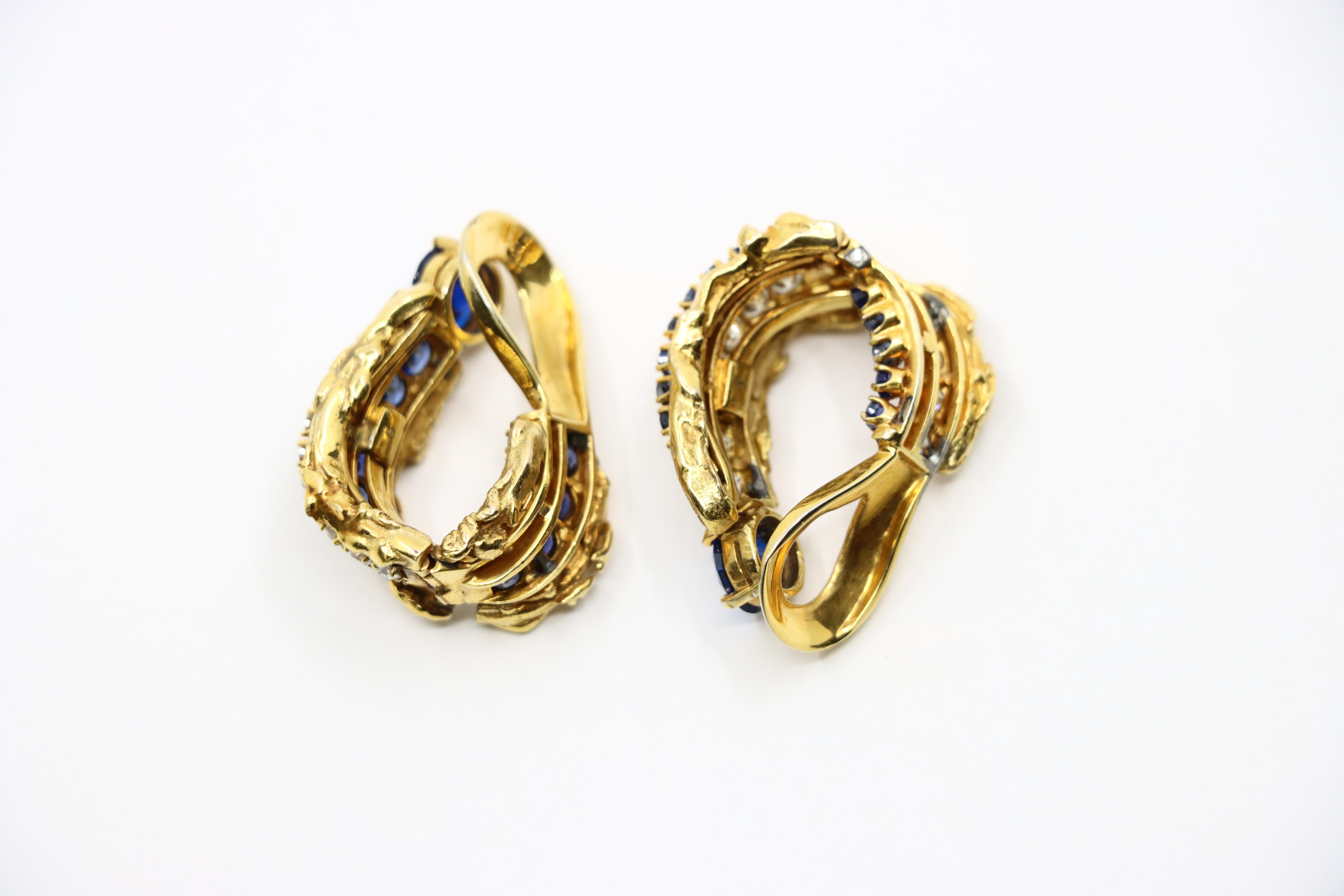 Vintage 18k Gold Spinel Sapphire Diamond Inside Out Hoop Earrings For Sale 3