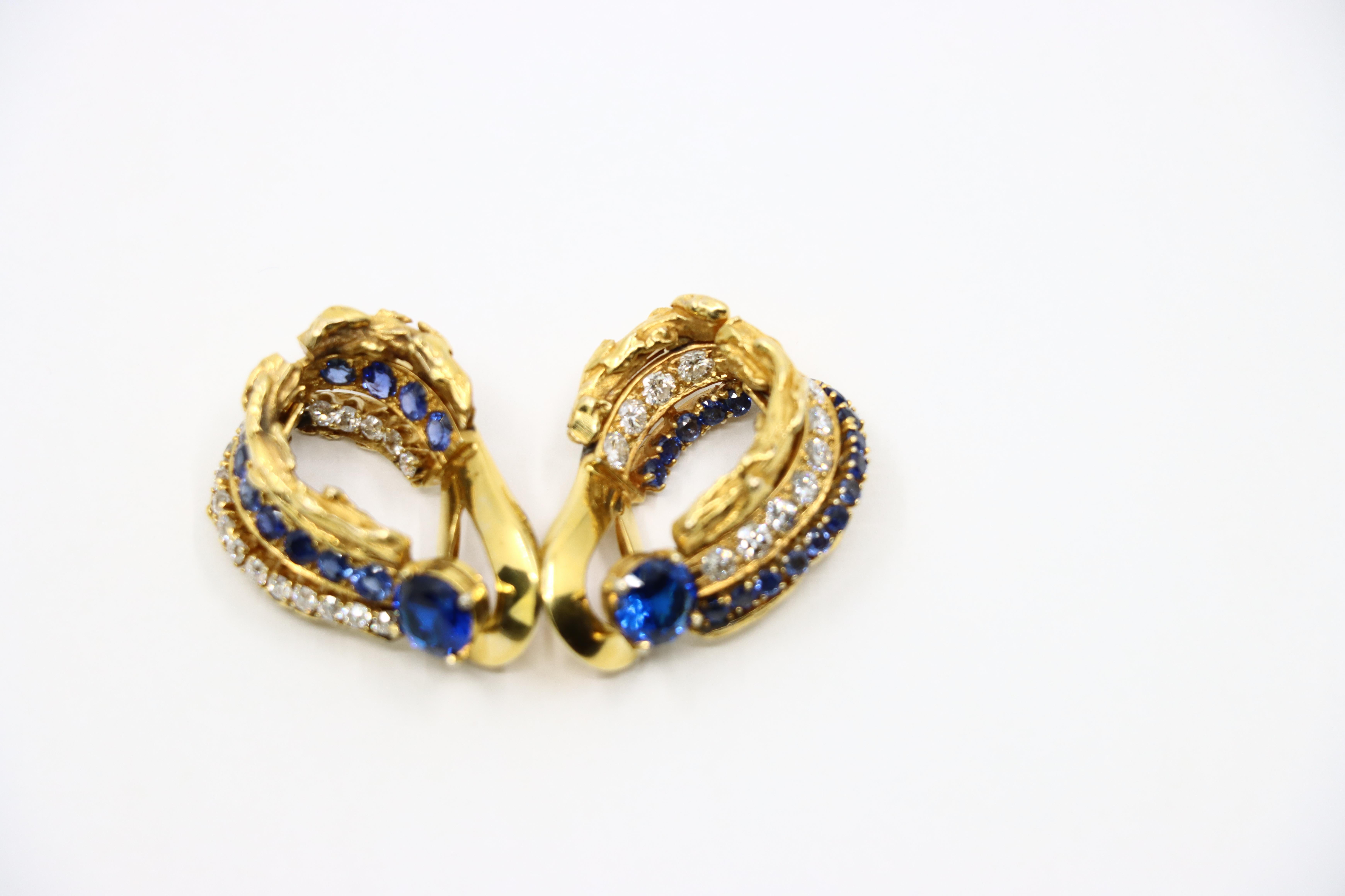 Vintage 18k Gold Spinel Sapphire Diamond Inside Out Hoop Earrings For Sale 4