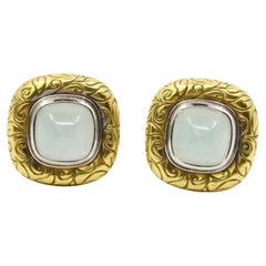 Vintage 18K Gold Square Jade Cabochon Earrings