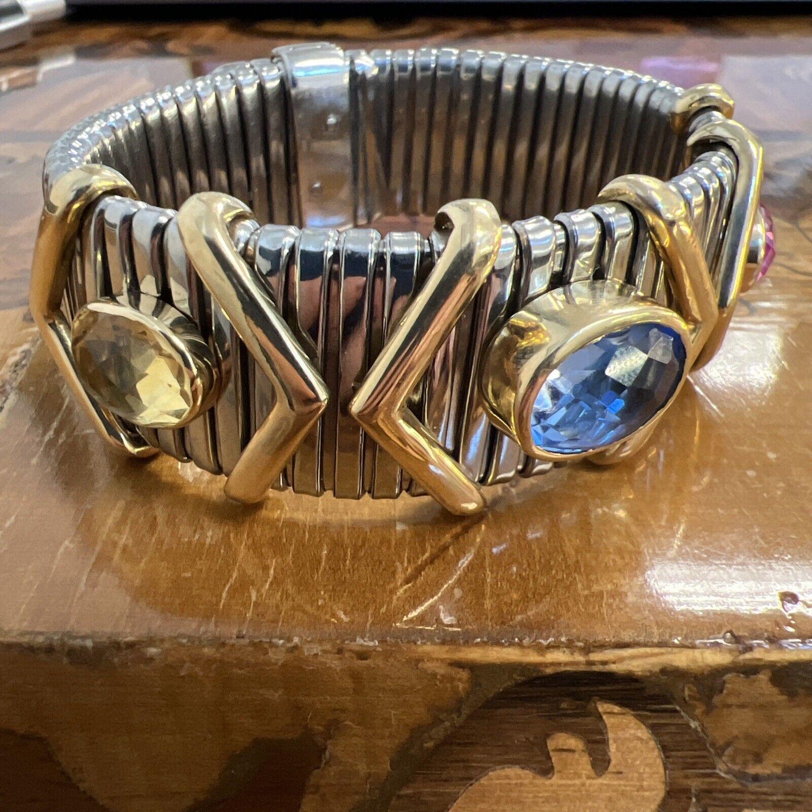 VINTAGE 18k Gold, Stainless Steel & Pink Yellow Blue Sapphire Tubogas Bracelet 5