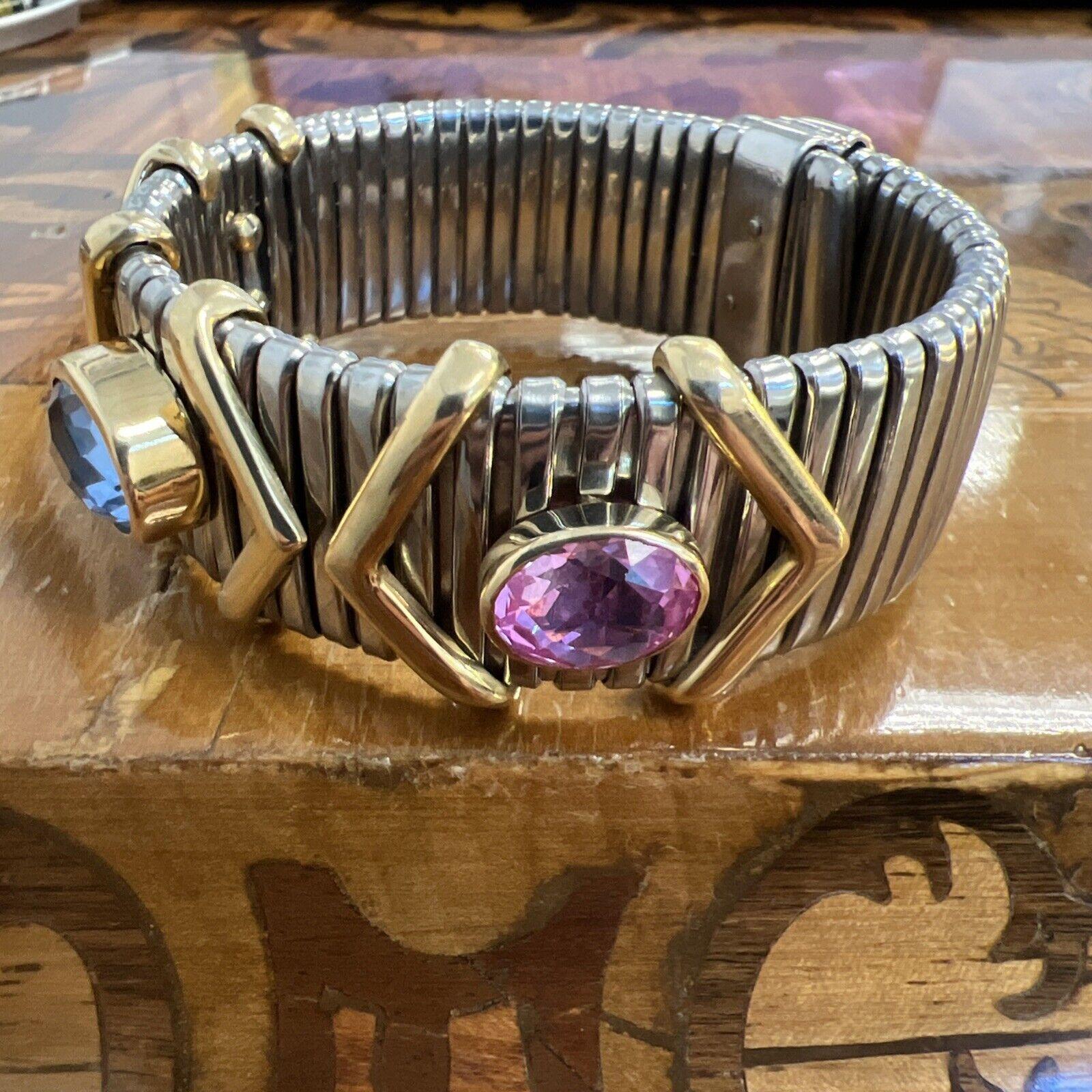 VINTAGE 18k Gold, Stainless Steel & Pink Yellow Blue Sapphire Tubogas Bracelet 6