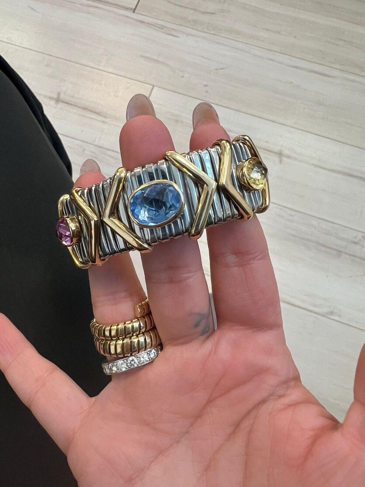 VINTAGE 18k Gold, Stainless Steel & Pink Yellow Blue Sapphire Tubogas Bracelet 7