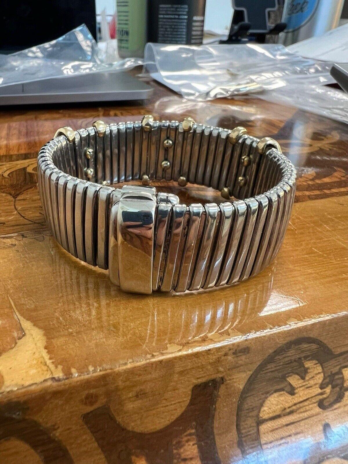 VINTAGE 18k Gold, Stainless Steel & Pink Yellow Blue Sapphire Tubogas Bracelet In Good Condition In Beverly Hills, CA