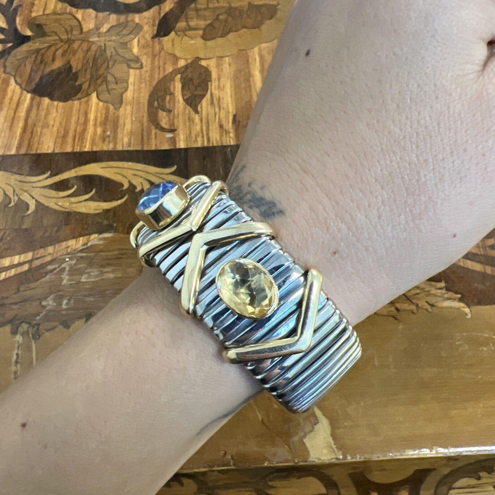 Women's or Men's VINTAGE 18k Gold, Stainless Steel & Pink Yellow Blue Sapphire Tubogas Bracelet