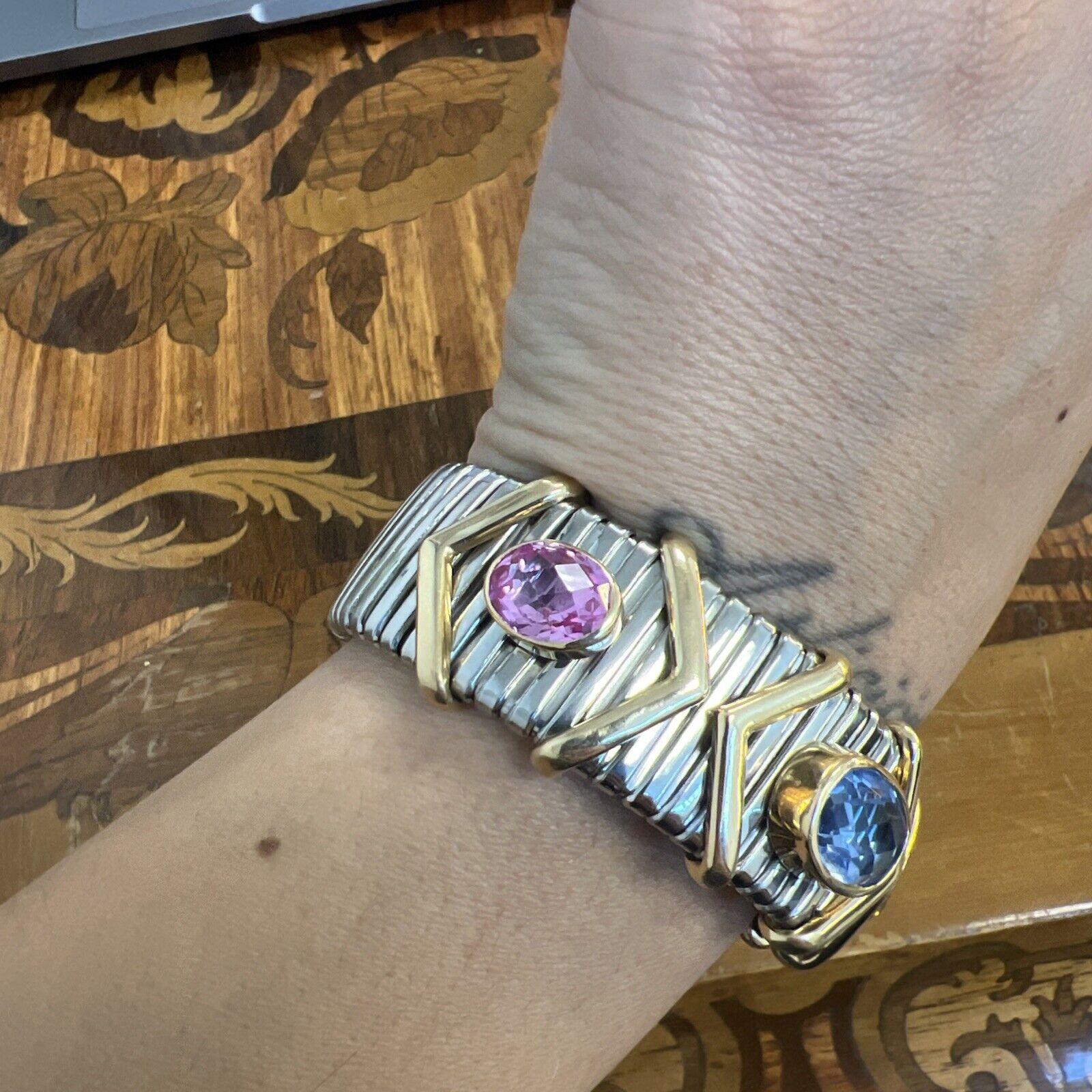 VINTAGE 18k Gold, Stainless Steel & Pink Yellow Blue Sapphire Tubogas Bracelet 1
