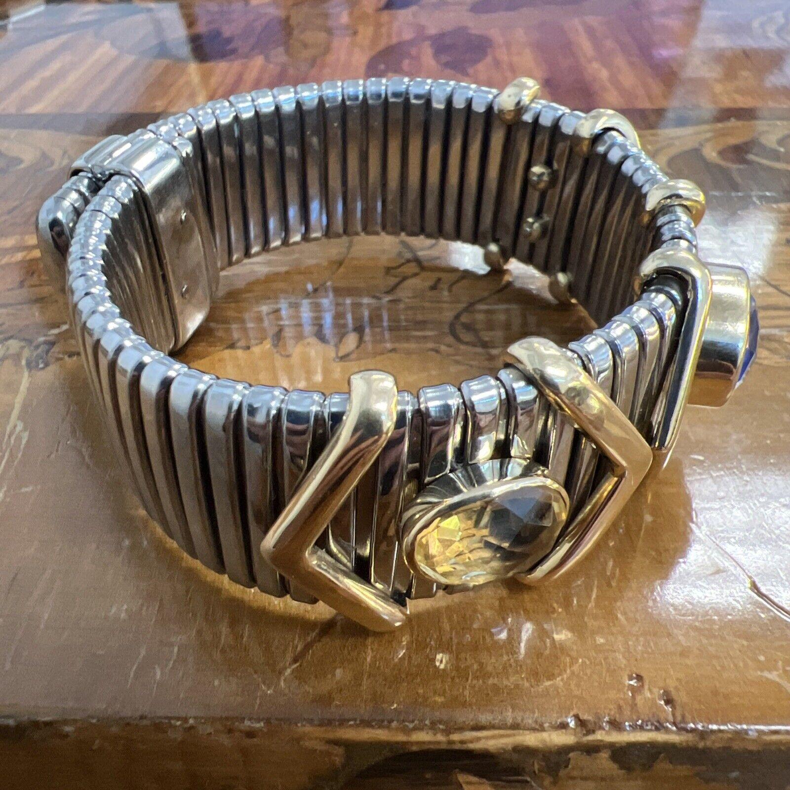 VINTAGE 18k Gold, Stainless Steel & Pink Yellow Blue Sapphire Tubogas Bracelet 4