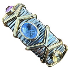 VINTAGE 18k Gold, Stainless Steel & Pink Yellow Blue Sapphire Tubogas Bracelet