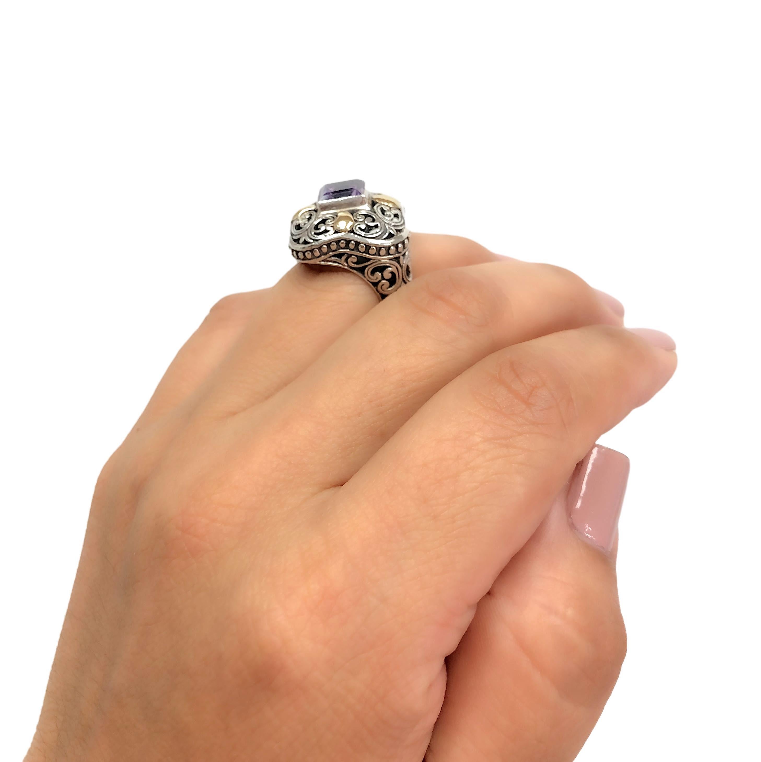Vintage 18K Gold Sterling Silver Amethyst Chunky Open-Scroll Work Cocktail Ring For Sale 1