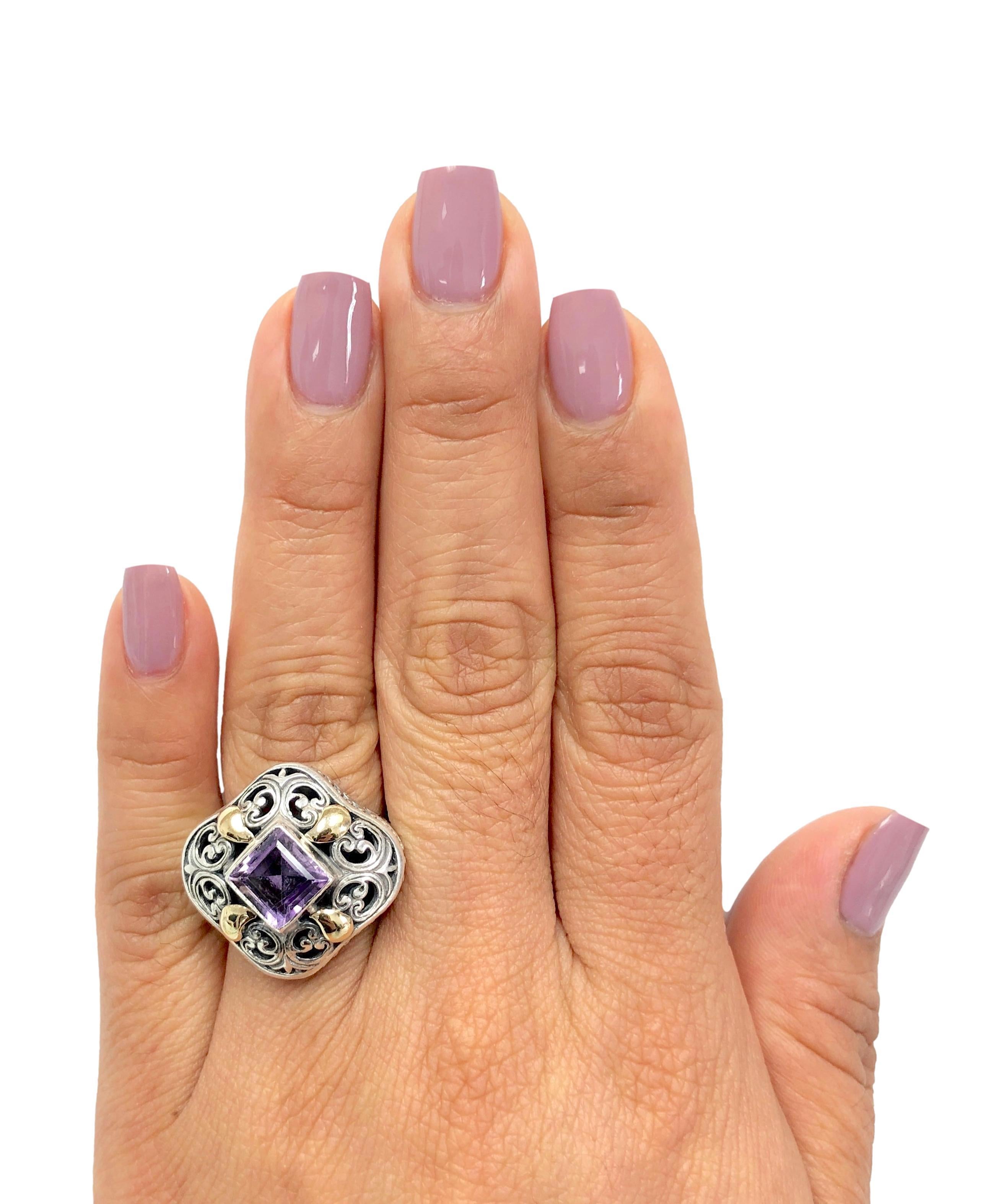 Edwardian Vintage 18K Gold Sterling Silver Amethyst Chunky Open-Scroll Work Cocktail Ring For Sale