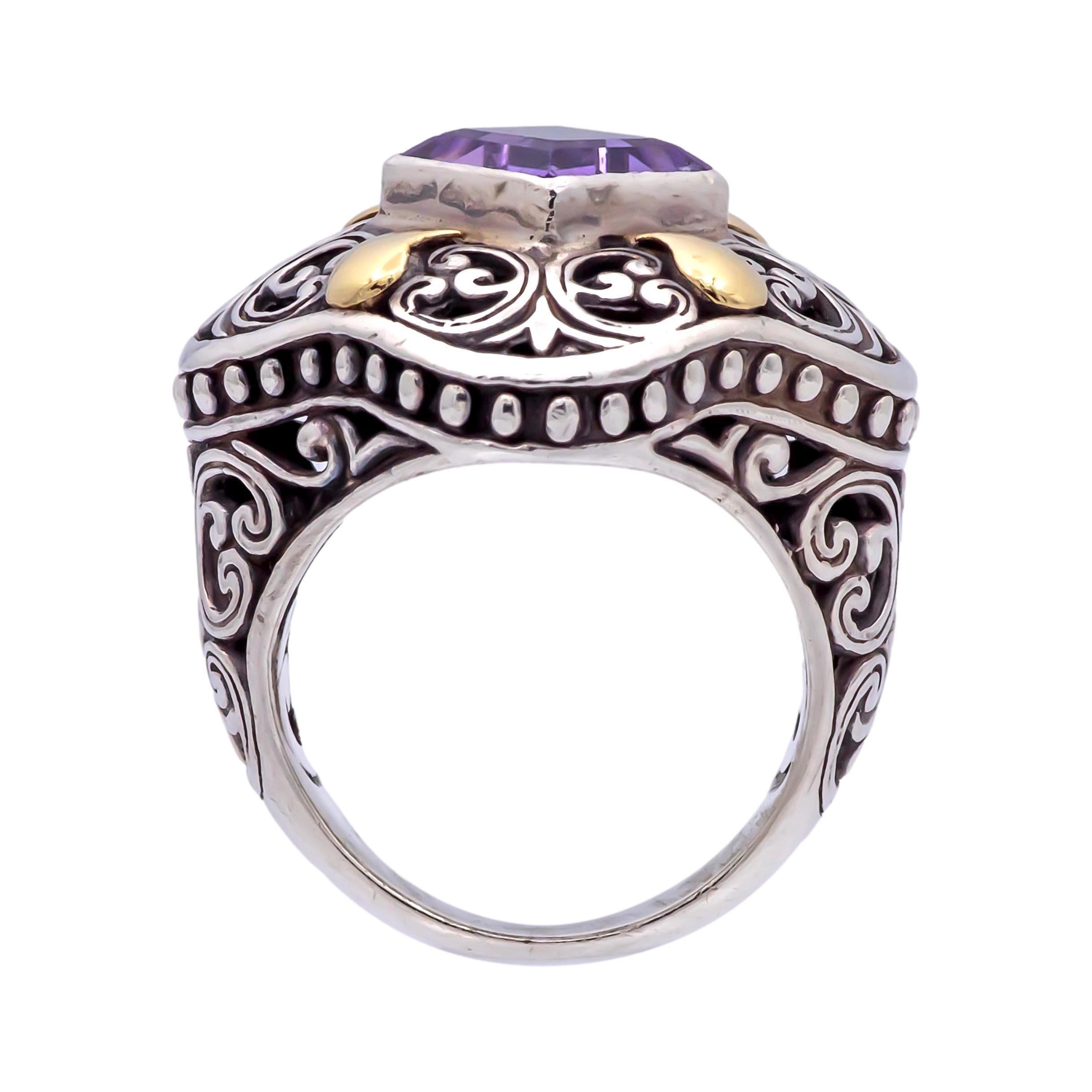 Square Cut Vintage 18K Gold Sterling Silver Amethyst Chunky Open-Scroll Work Cocktail Ring For Sale