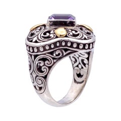 Vintage 18K Gold Sterling Silver Amethyst Chunky Open-Scroll Work Cocktail Ring