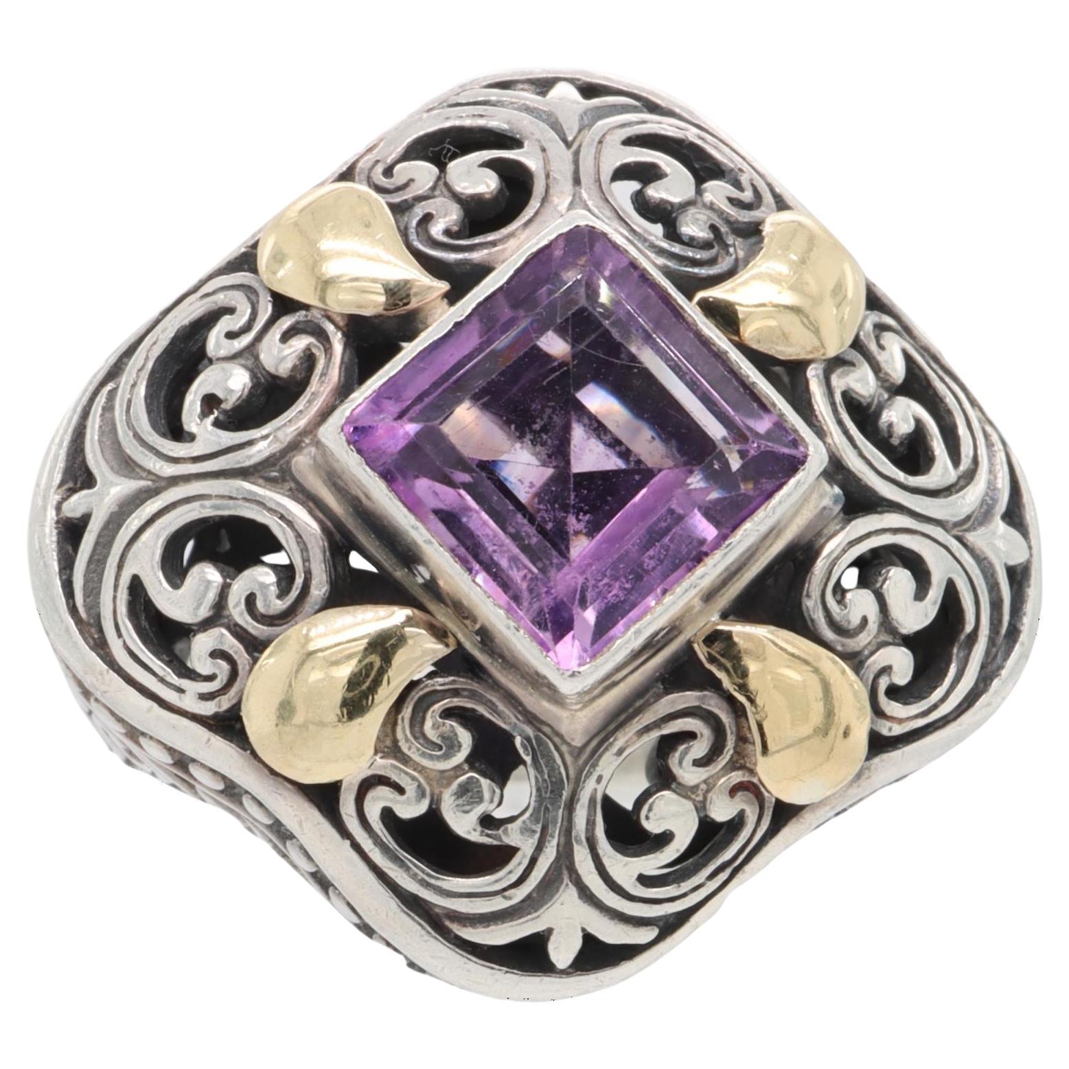 Vintage 18K Gold Sterling Silver Amethyst Chunky Open-Scroll Work Cocktail Ring For Sale