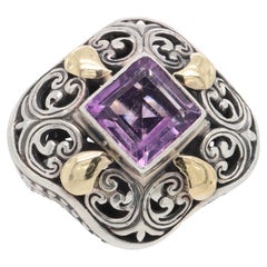 Vintage 18K Gold Sterling Silver Amethyst Chunky Open-Scroll Work Cocktail Ring