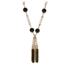 Vintage 18K Gold Tassel Necklace Quartz Black Onyx Diamond - 30 inches