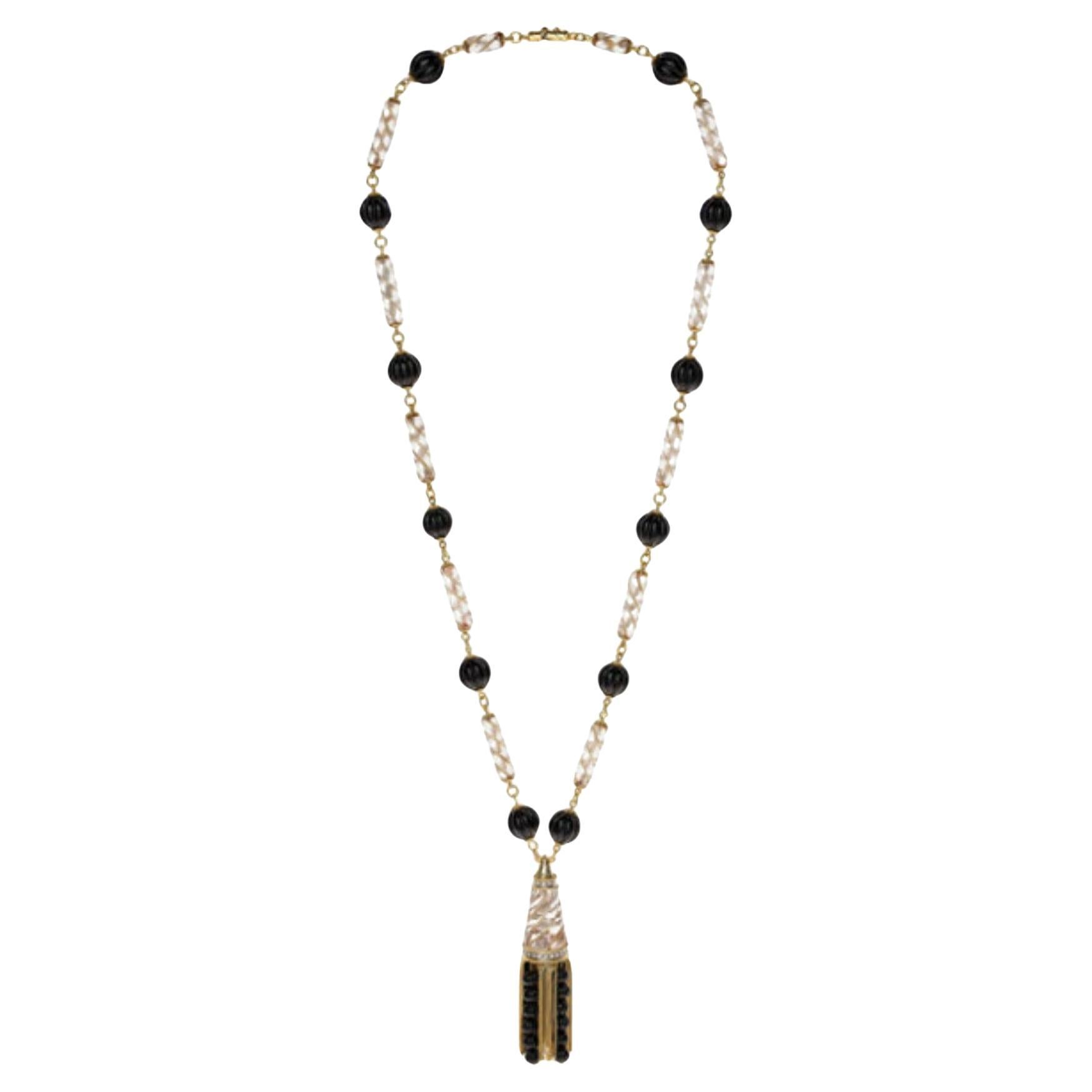 Vintage By - Collana con nappe in oro 18 carati - Quarzo, Onice nero, Diamante - 30 pollici in vendita