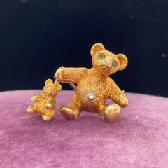 Vintage 18K Gold Tiffany & Co Diamond and Emerald Bear and Cub Pin Brooch