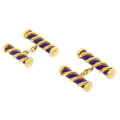 Vintage 18k Gold Tiffany 
Co Schlumberger Enamel Cufflinks Royal Blue Spirals