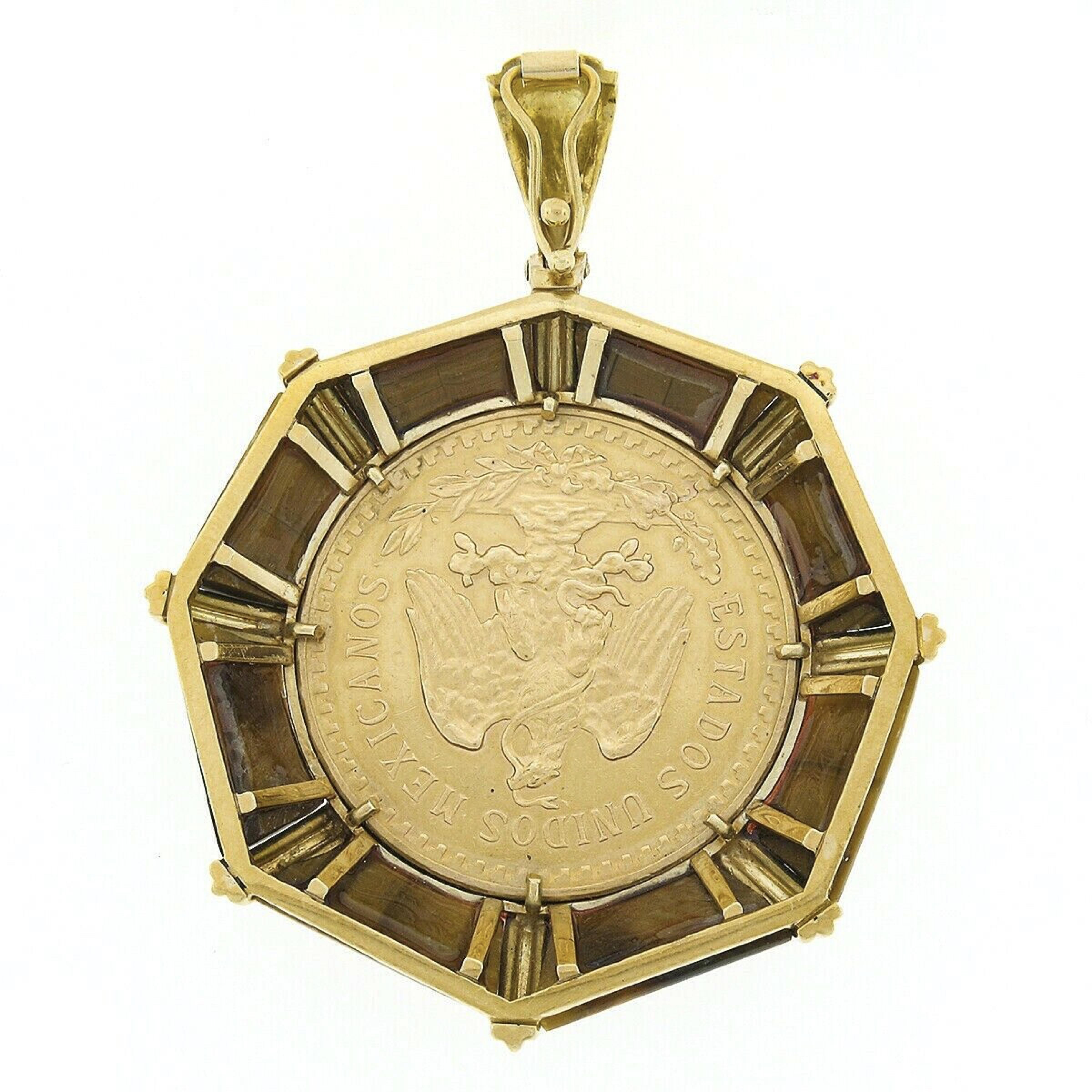 Cabochon Vintage 18K Gold Tiger's Eye Frame 50 Pesos Mexican Coin Large Enhancer Pendant For Sale
