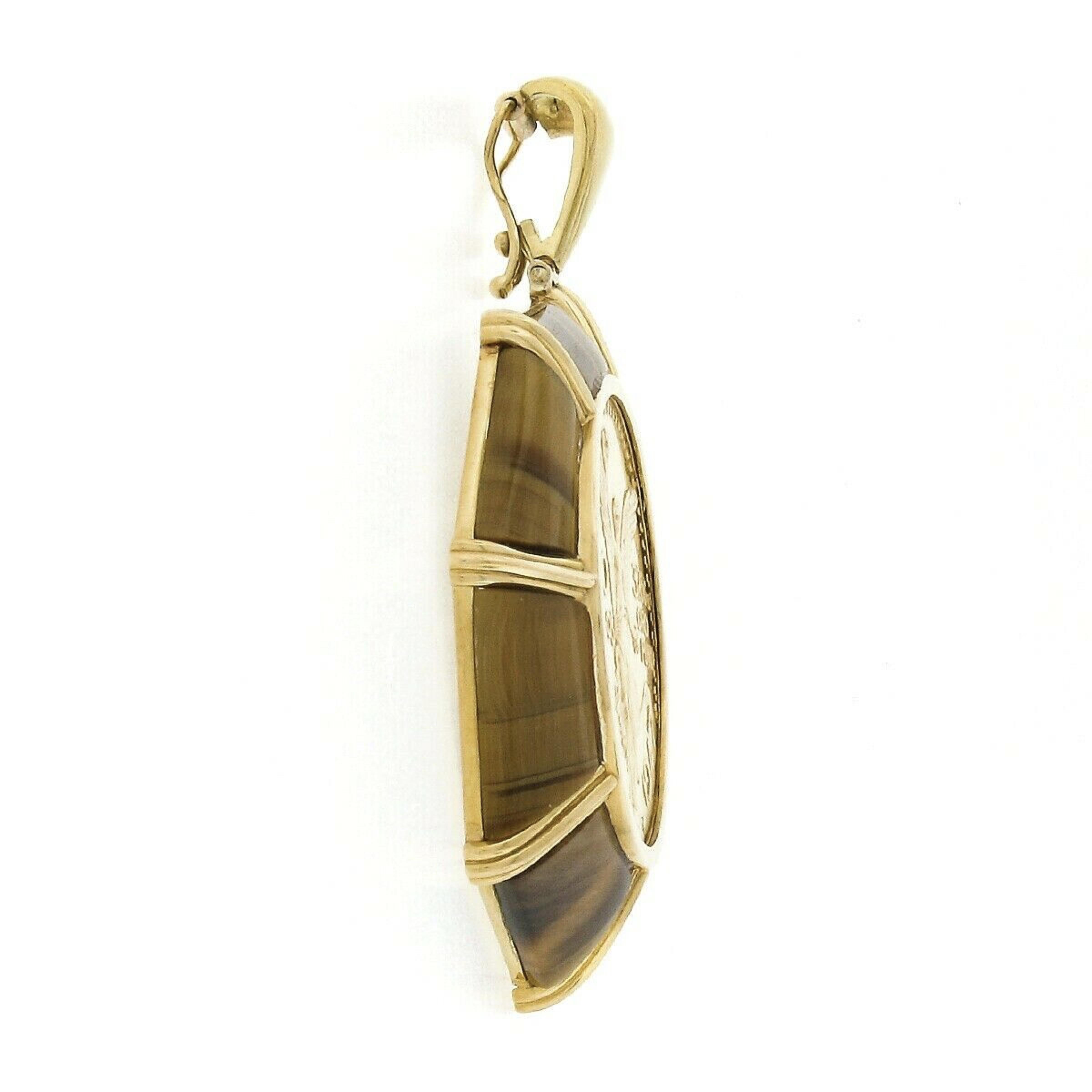 Vintage 18K Gold Tiger's Eye Frame 50 Pesos Mexican Coin Large Enhancer Pendant In Excellent Condition For Sale In Montclair, NJ