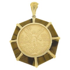 Vintage 18 Karat Gold Tigerauge-Rahmen 50 Pesos mexikanische Münze Großer Anhänger