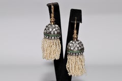 Vintage 18k Gold Top Silver Handcrafted Natural Diamond Emerald Pearl Earring