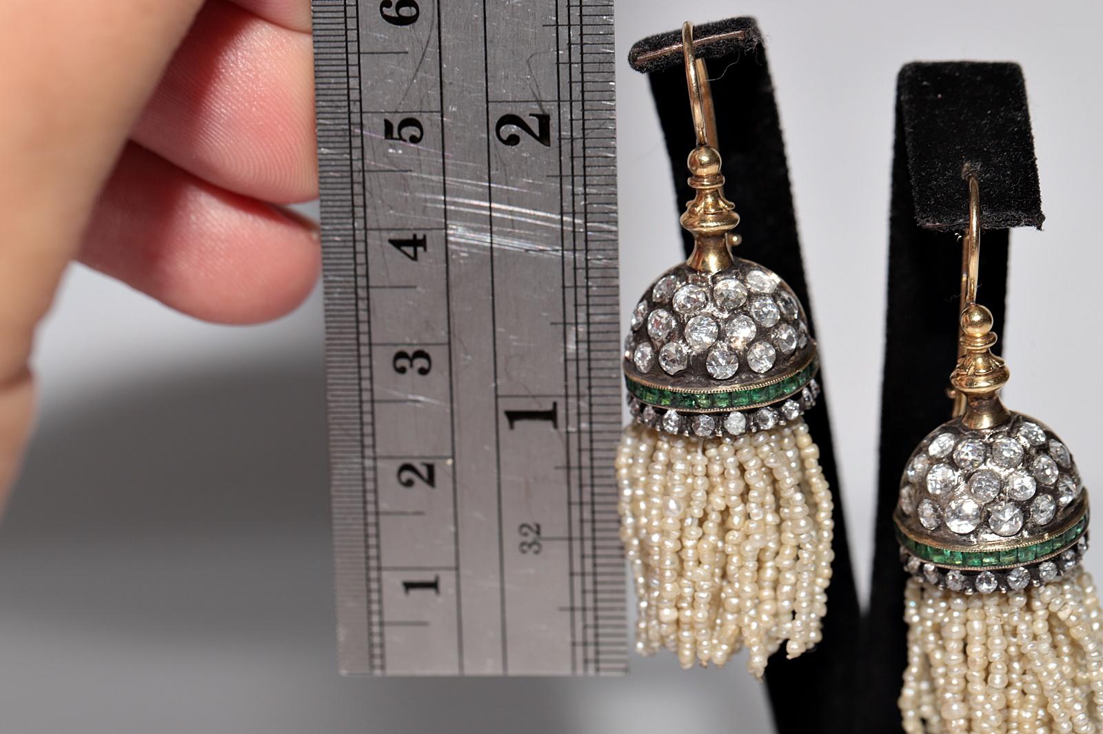 18 Karat Gold Top Silber Handgefertigter natürlicher Diamant Smaragd Perlen-Ohrring im Zustand „Gut“ im Angebot in Fatih/İstanbul, 34