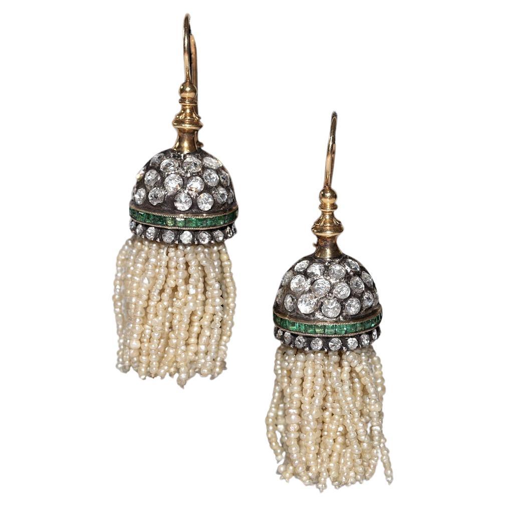 Vintage 18k Gold Top Silver Handcrafted Natural Diamond Emerald Pearl Earring