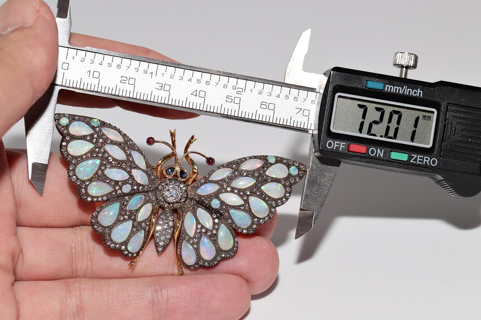 18 Karat Gold Top Silber Vintage  Natürlicher Diamant und Opal Schmetterling Brosche im Angebot 8