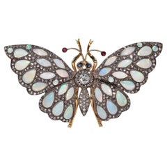 Vintage 18k Gold Top Silver  Natural Diamond And Opal Butterfly Brooch