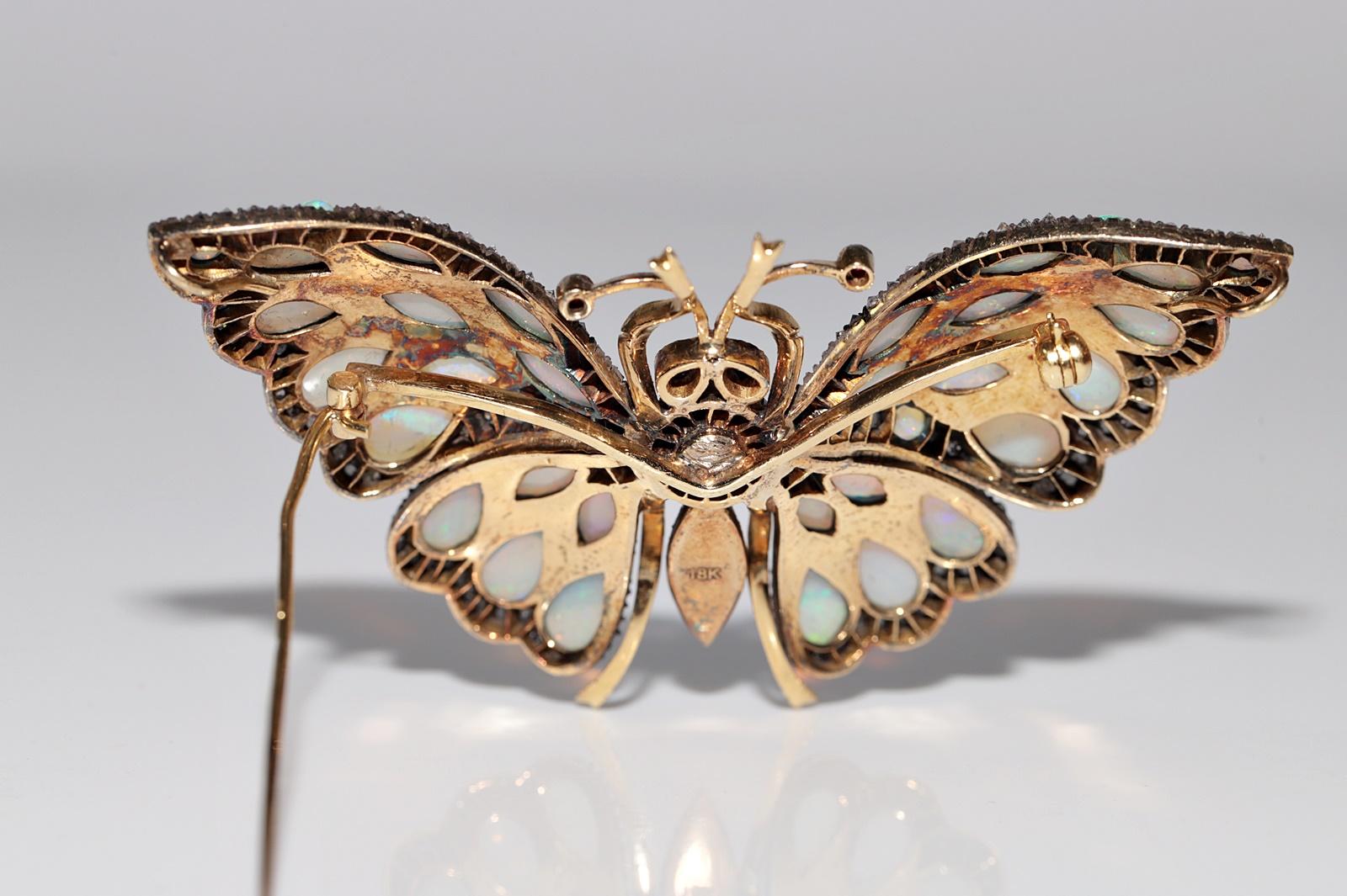 18 Karat Gold Top Silber Vintage  Natürlicher Diamant und Opal Schmetterling Brosche im Angebot 2