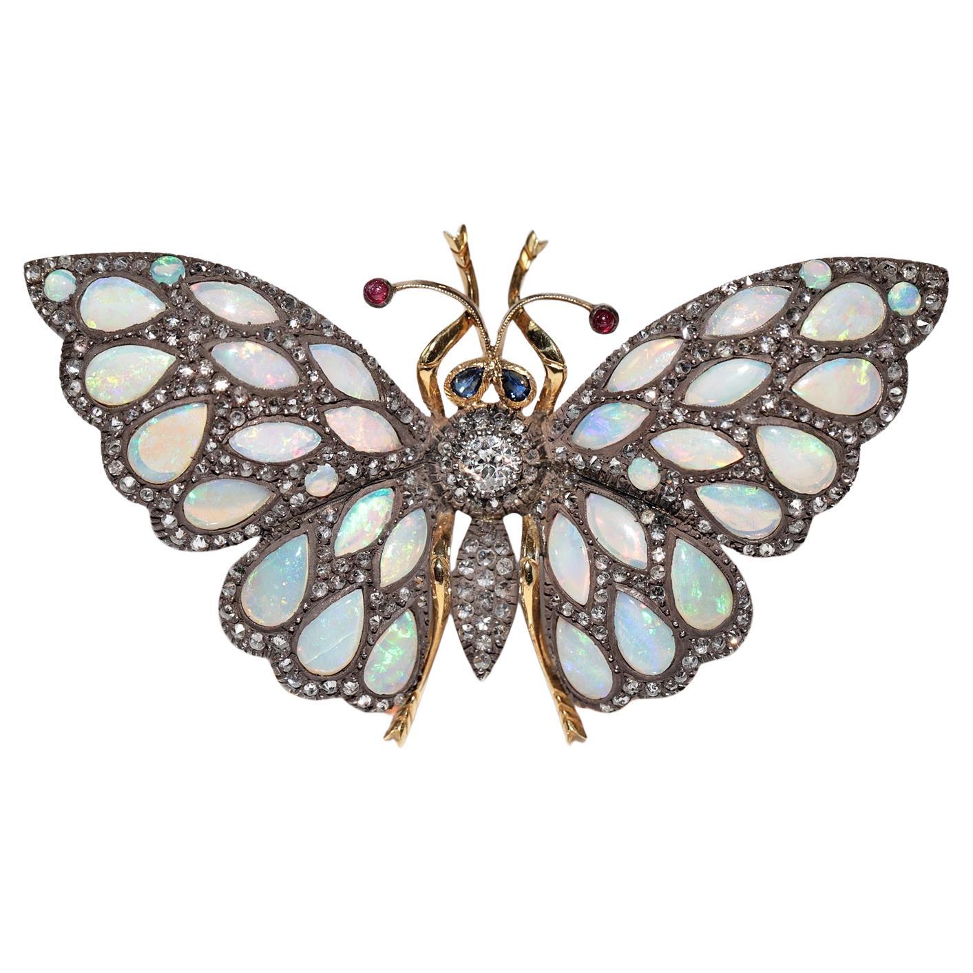 Vintage Gold Top Silver 18 carati  Spilla a farfalla con diamante naturale e opale