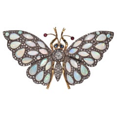 Vintage 18k Gold Top Silver  Natural Diamond And Opal Butterfly Brooch