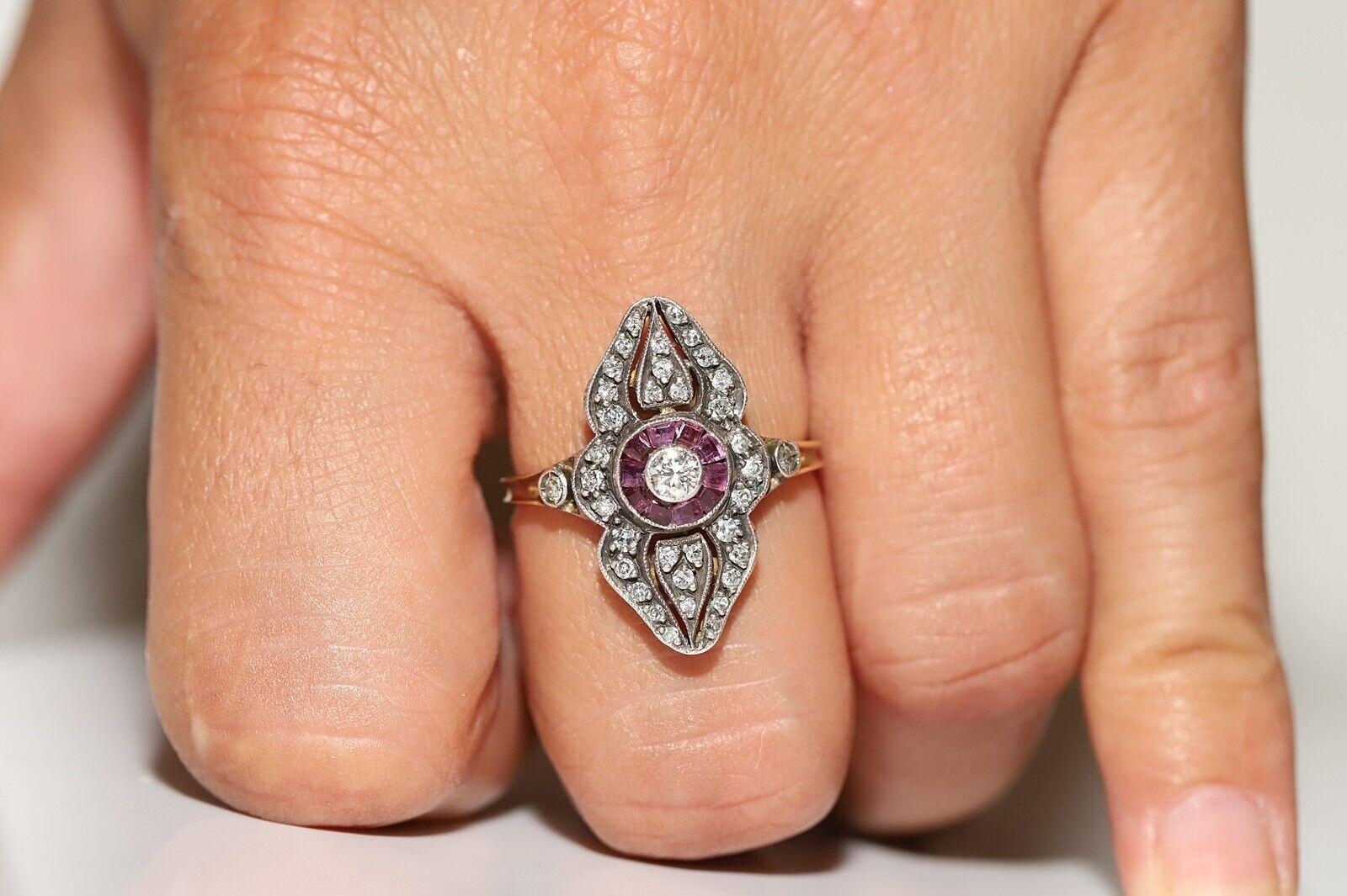 Bague navette vintage en or 18 carats, argent, diamant naturel, calibre, rubis et diamants en vente 5