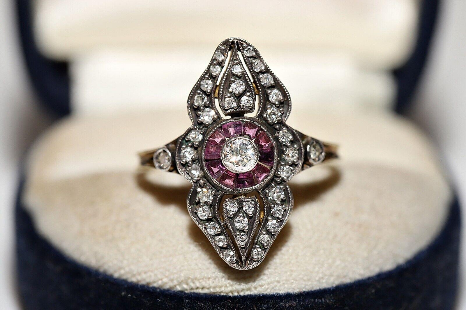 Bague navette vintage en or 18 carats, argent, diamant naturel, calibre, rubis et diamants en vente 6