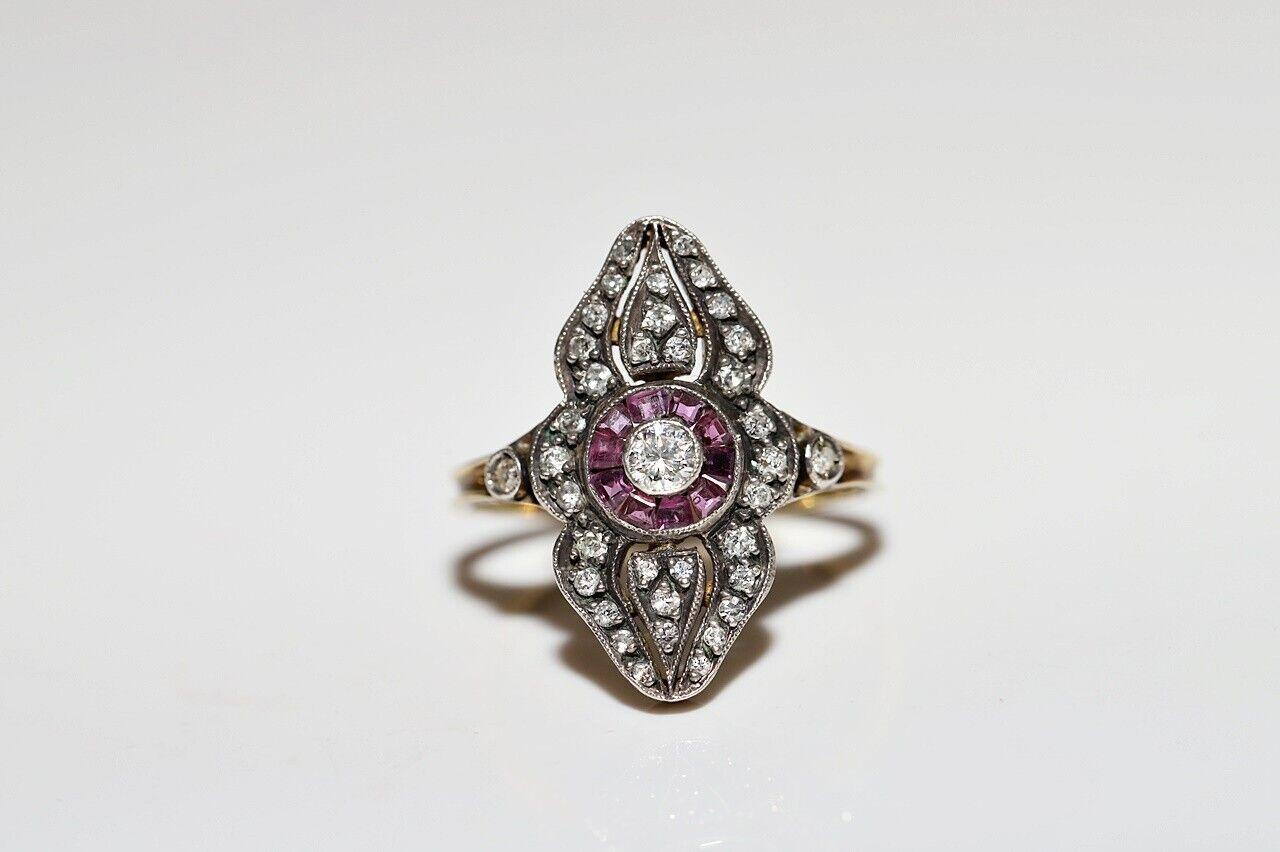 Bague navette vintage en or 18 carats, argent, diamant naturel, calibre, rubis et diamants en vente 7